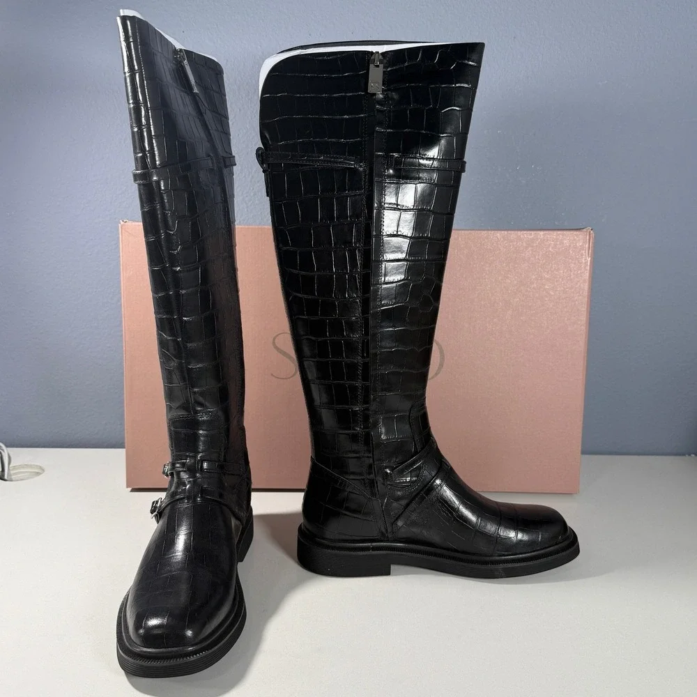 SARTO by Franco Sarto Ainsley Black Croc Embossed Leather Knee High Boots Size 7